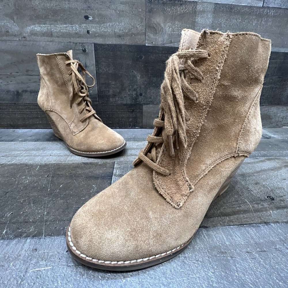 Lucky Brand Womens Tan Suede Lace Up Wedge Ankle Booties Size 6 M